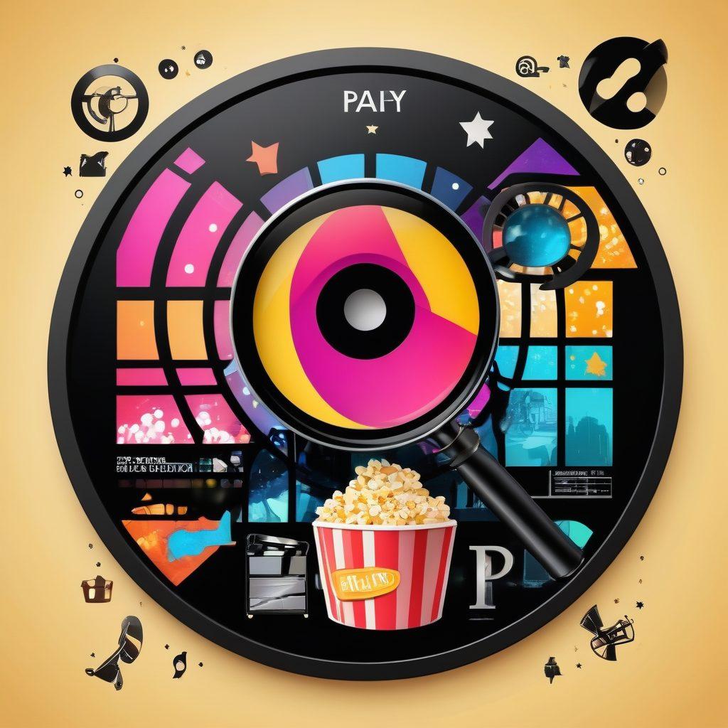 A dynamic collage featuring prominent movie reel, a magnifying glass over a movie rating chart, popcorn bucket, and various movie genres icons like sci-fi, romance, action. Include a film critic's silhouette and a 'Play' button icon symbolizing trailers. vibrant colors. cinematic style.