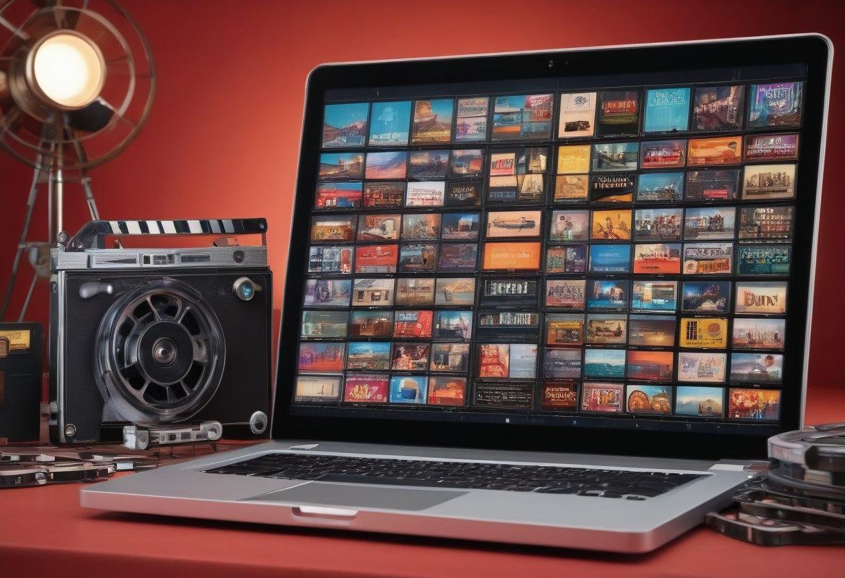 A sleek laptop showcasing a steaming platform, surrounded by classic film reels and modern digital devices. A dynamic fusion of movie posters and trailers playing on the screen. Background with a vibrant cinema marquee and film critic's notepad. super-realistic. vibrant colors. 3D.