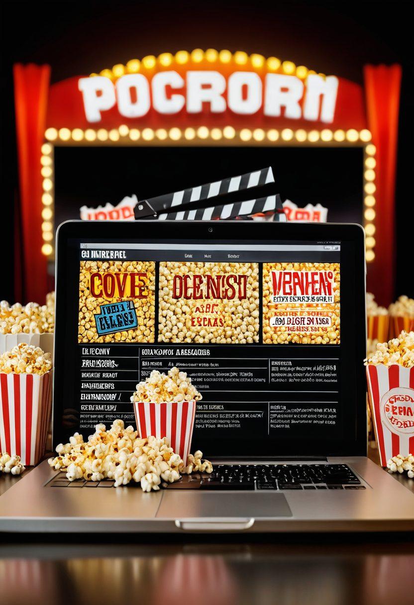 An open laptop displaying a movie streaming website with thumbnails of both classic and latest films. Surrounding the laptop are popcorn, film reels, and tickets. A backdrop of a cinema marquee showing 'Latest Releases' and 'Classic Films'. Cinematic ambiance with warm, welcoming lighting. super-realistic. vibrant colors. cinematic theme.